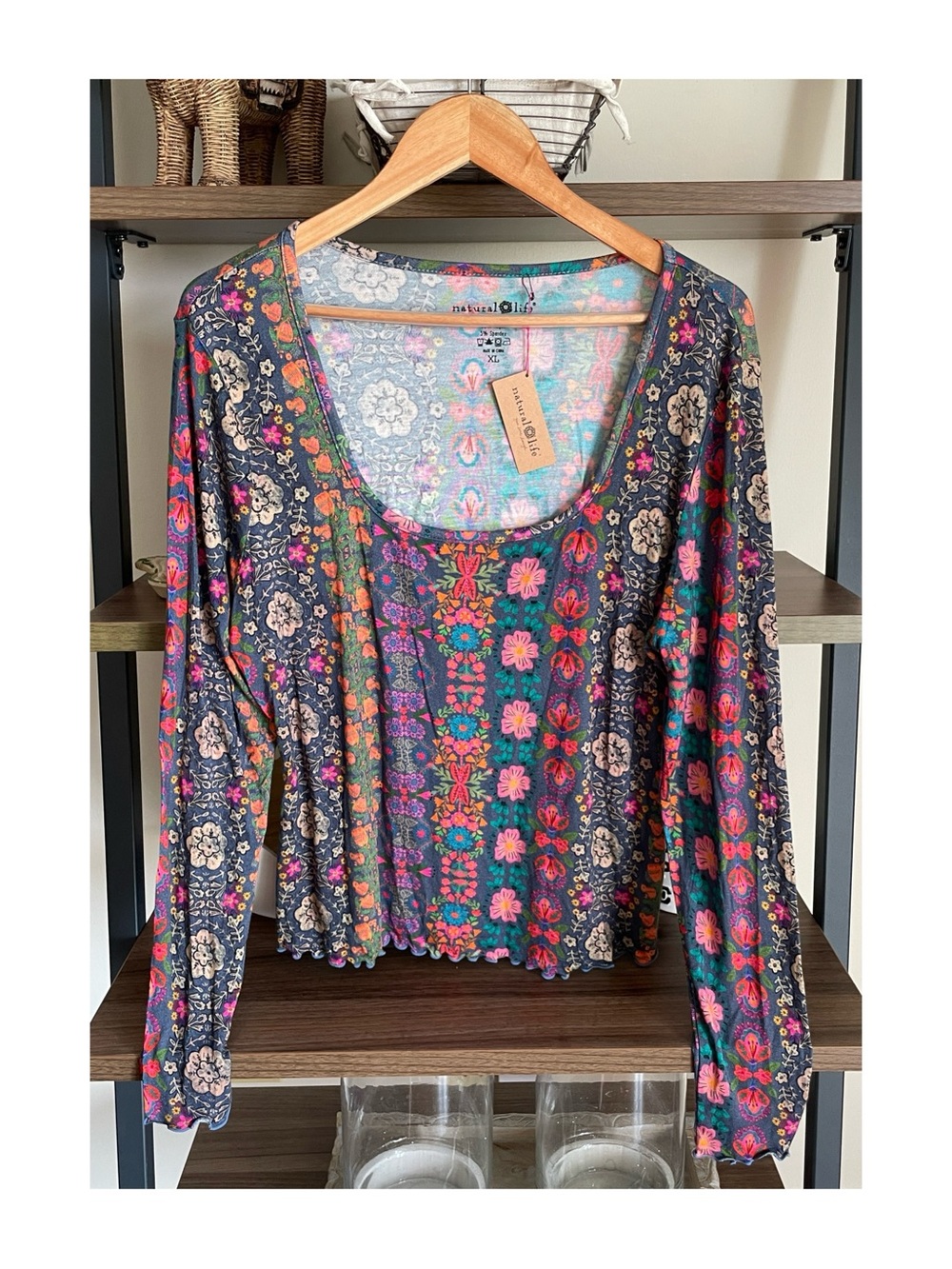 NATURAL LIFE Navy Multicolor Floral Long Sleeve Scoop Top, Size XL